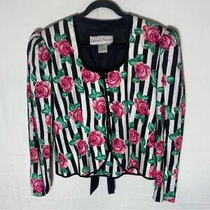 Vintage Richard Warren Black White Striped W Pink Flowers Linen Jacket Blazer S